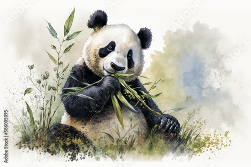 A cute and cuddly panda munching on bamboo, painted with soft and whimsical watercolors Generative AI