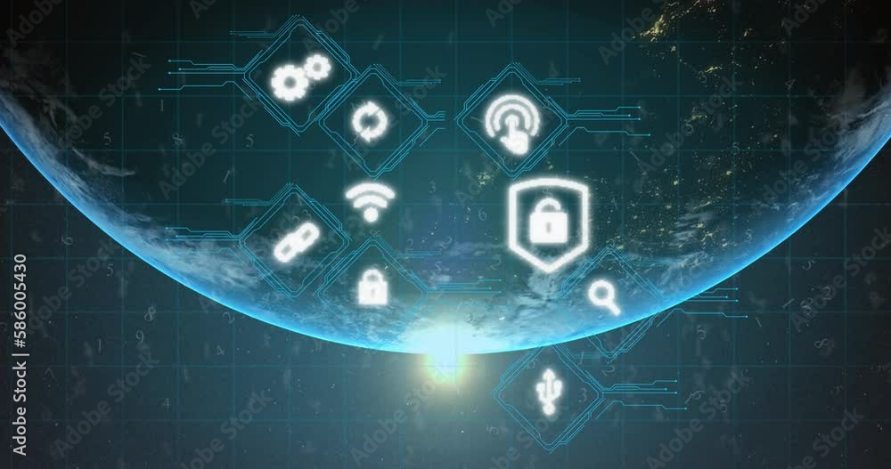 Animation of networks of icons and data processing over globe Animation of networks of icons and data processing over globe
