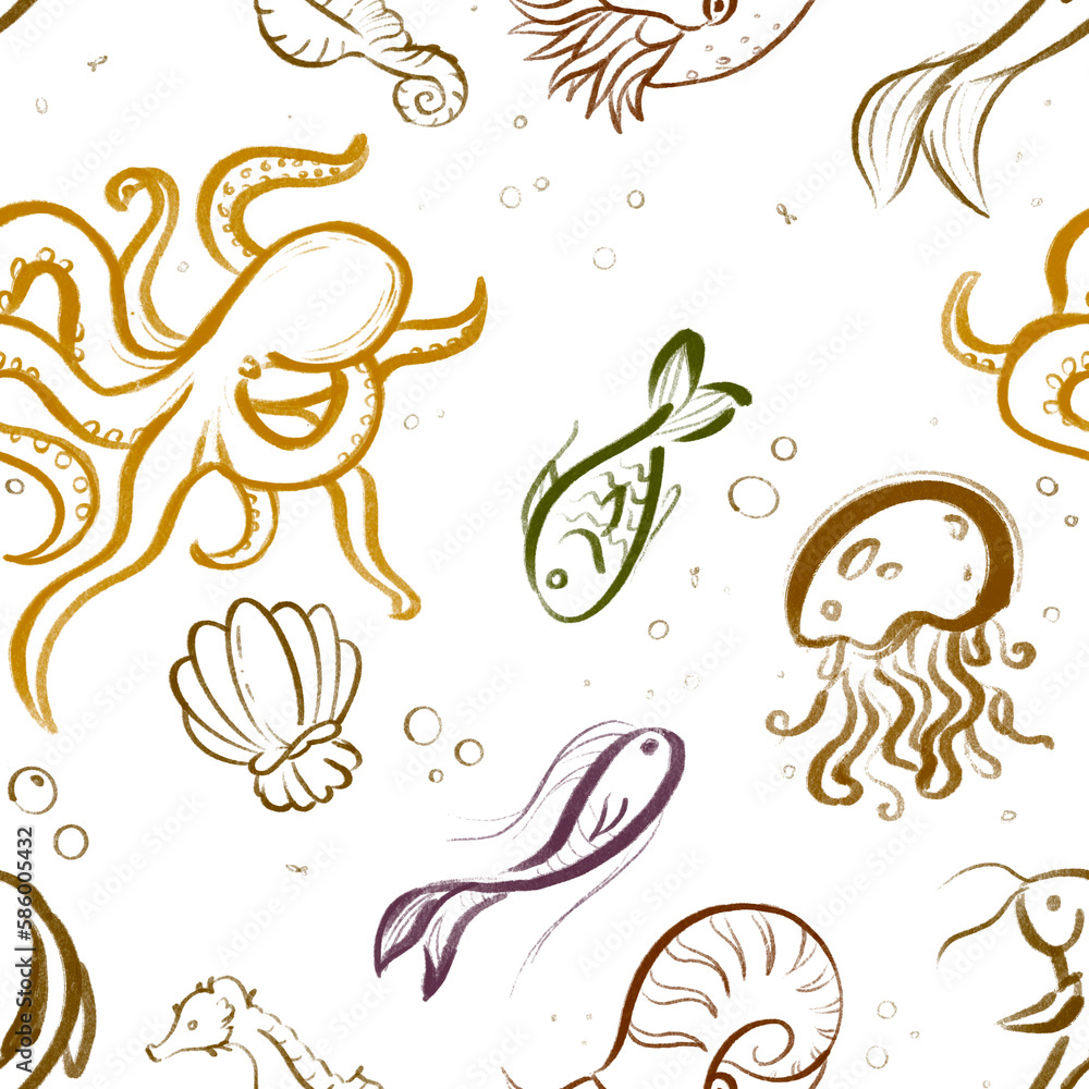Obraz premium Seamless pattern with octopus and fishes in hand-drawn style. Pretty marine inhabitants png pattern