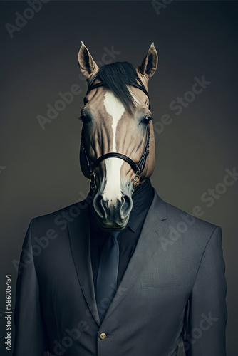 Horse businessman in a suit portrait on a dark background. Working animal. Funny working animals concept. Corporate office. Generative art
