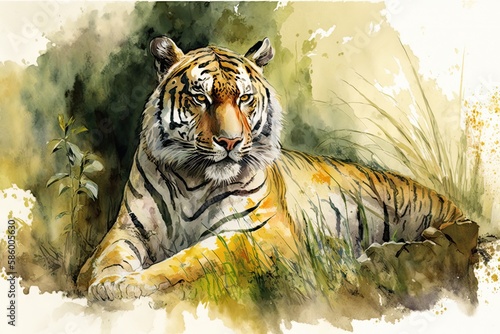 A fierce tiger resting in the grass, with a watercolor background featuring shades of yellow and green to create a natural setting Generative AI