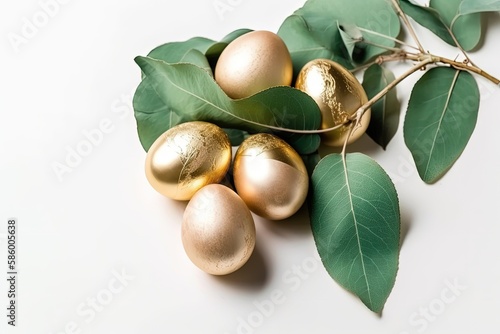 Illustration of golden eggs nestled among green leaves created with Generative AI technology