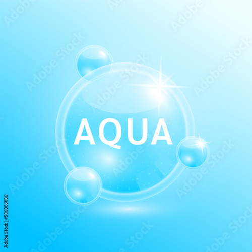 Aqua moisturizer solution. Collagen serum and hyaluronic acid skincare. Substance for beauty cosmetic with chemical formula from nature. Medical scientific concept. 3D Realistic Vector.