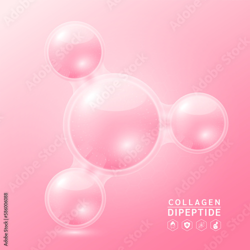 Pink collagen dipeptide solution. Substance for beauty cosmetic with chemical formula from nature. Vitamins serum and hyaluronic acid skincare. Medical scientific concept. 3D Realistic Vector.