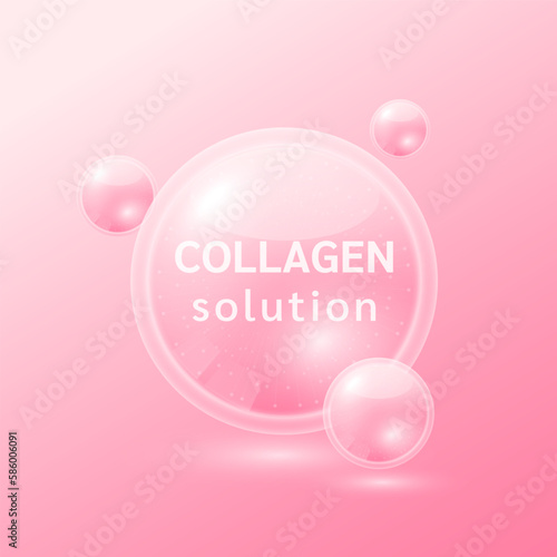 Pink collagen solution. Substance for beauty cosmetic with chemical formula from nature. Vitamins serum and hyaluronic acid skincare. Medical scientific concept. 3D Realistic Vector.