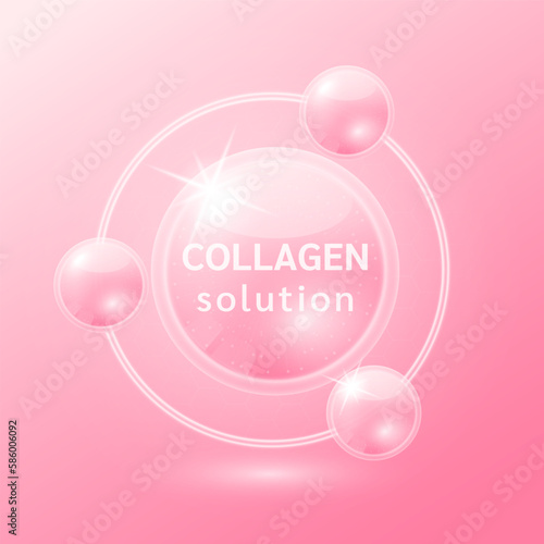 Pink collagen solution. Vitamins serum and hyaluronic acid skincare. Substance for beauty cosmetic with chemical formula from nature. Medical scientific concept. 3D Realistic Vector.