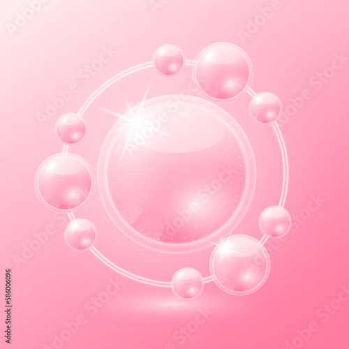 Pink collagen solution. Vitamins serum and hyaluronic acid skincare. Substance for beauty cosmetic with chemical formula from nature. Medical scientific concept. 3D Realistic Vector.