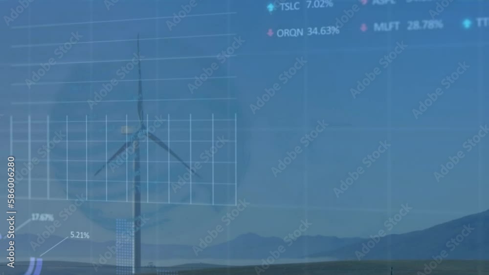 Animation of globe and financial data processing over wind turbine Animation of globe and financial data processing over wind turbine