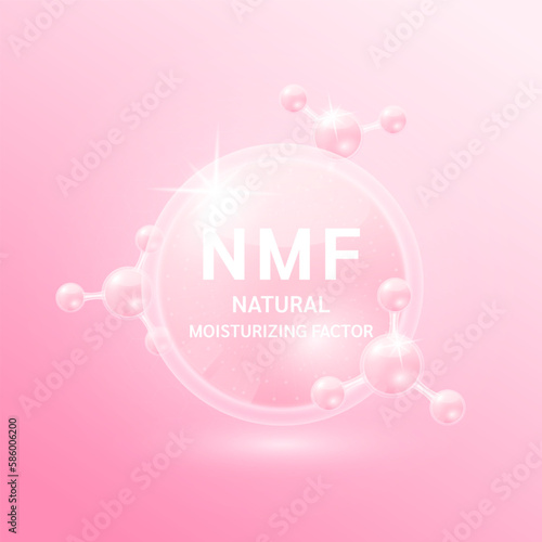 Amino acids are natural moisturizing factor. Collagen serum pink and hyaluronic acid skincare. For beauty cosmetic with chemical formula. Medical scientific concept. 3D Vector.