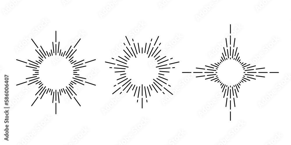 Fototapeta premium Retro sunburst frames set. Vintage sunlight rays collection. Stylized sunshine, radial rays, sunbeams, firework, explosion symbols pack. Vector line design elements 