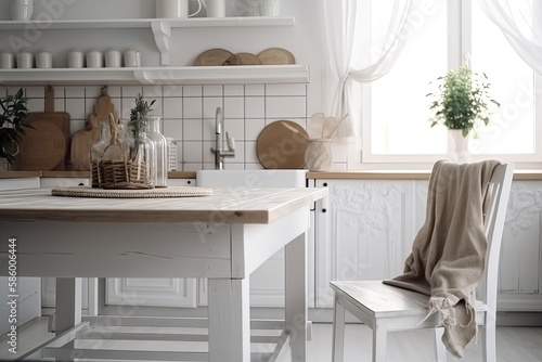 modern white kitchen with a dining table and chairs created with Generative AI technology