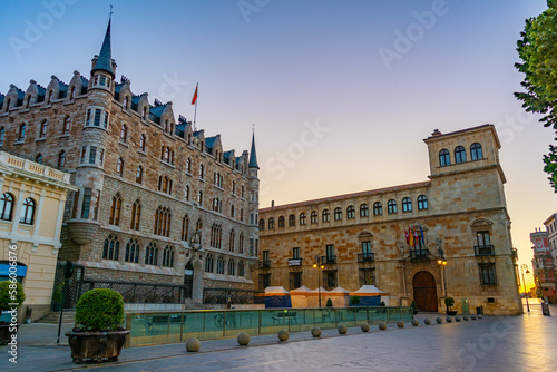 Sunrise over Palacio De Los Guzmanes in Spanish town Leon photo