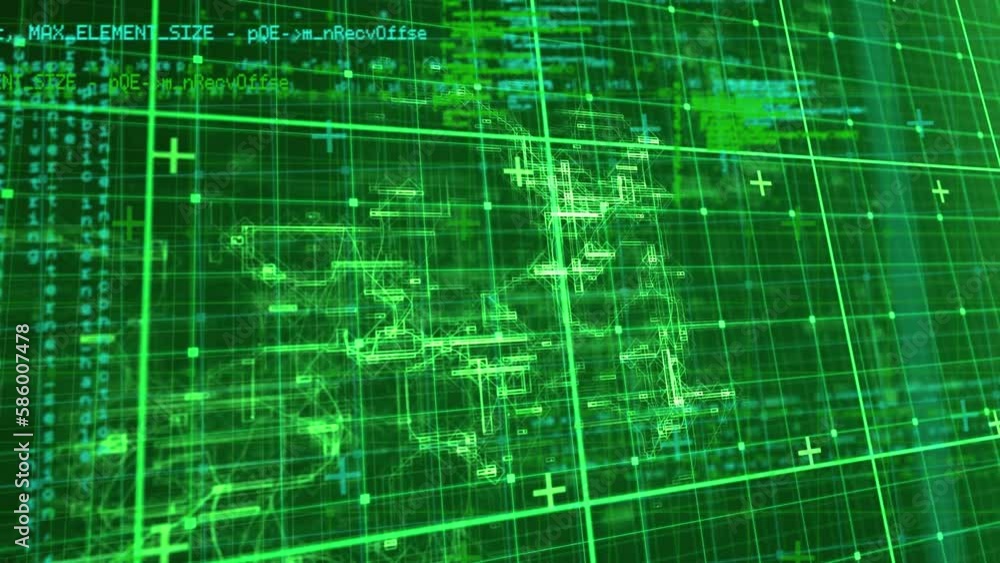 Animation of data processing over grid network against green background Animation of data processing over grid network against green background