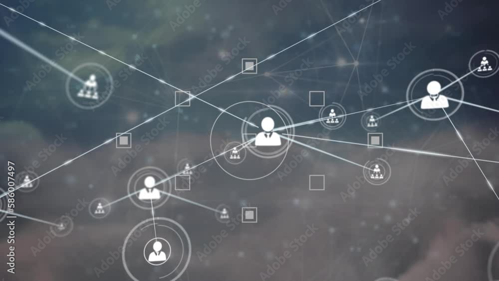 Animation of network of profile icons and network of connections against clouds in the blue sky Animation of network of profile icons and network of connections against clouds in the blue sky
