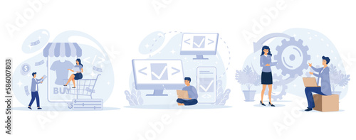 Remote developers team concept,  E-commerce development, cross-platform, dedicated team, web application, software environment, operating system, set flat vector modern illustration
