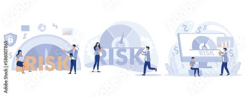 Risk management. Risk assessment. Risk levels knob. Business concept. Tiny people review, evaluate, analysis risk, set flat vector modern illustration 