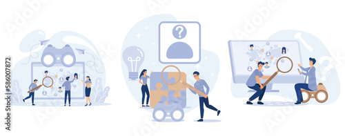 Detective agency. Private detective solving crime and search criminals. Searching evidences. Investigation board with photos, notes and map attached, set flat vector modern illustration