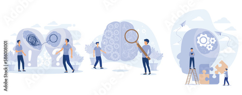 Psychology. Psychologist online. Psychotherapy practice, psychological help, psychiatrist consulting patient, set flat vector modern illustration 