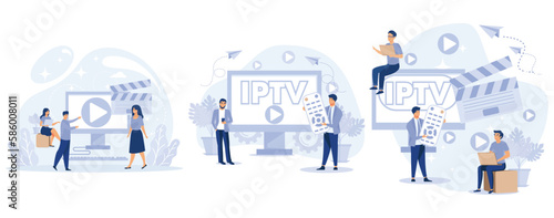 IPTV concept. Tiny people watch digital media TV stream. Internet protocol television. Smart multimedia technology, set flat vector modern illustration