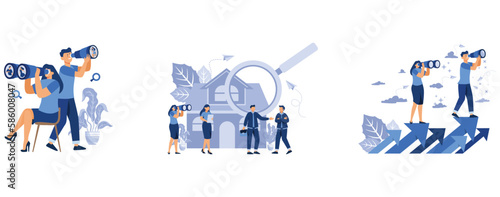 searching for employees for vacant place, House selection and search, house project, real estate business, study horizons company work finding ways develop, set flat vector modern illustration