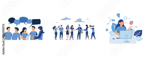 businessmen discuss social network, chat, video,news,messages,web site, search friends, mobile web, workaholic workplace stress management, set flat vector modern illustration