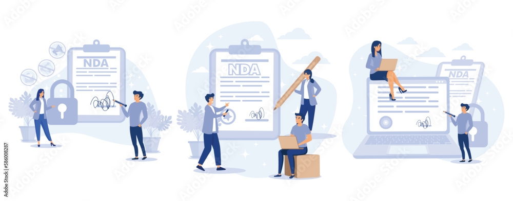 NDA contract. Non disclosure agreement. Tiny people sign confidentiality agreement document. Corporate secret protection, set flat vector modern illustration NDA contract. Non disclosure agreement. Tiny people sign confidentiality agreement document. Corporate secret protection, set flat vector modern illustration
