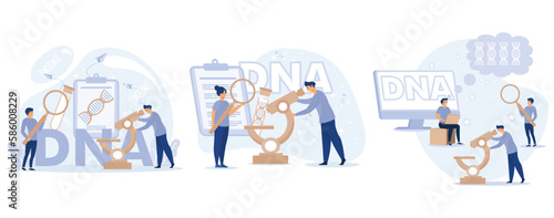 Genetic DNA Science. Tiny scientists investigating and testing DNA in laboratory. Big gene helix sign. Lab equipment. set flat vector modern illustration © Alwie99d