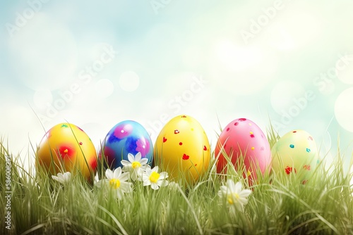 Illustration of colorful Easter eggs in a grassy field created with Generative AI technology