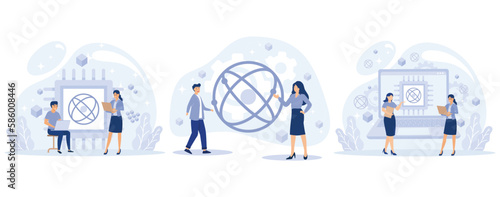 Quantum computing concept. Optical technology, photonics research. Tiny people engineers and scientists working with quantum computer chip, set flat vector modern illustration