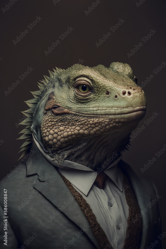 portrait of a iguana business man, iguana human, working animals concept, Anthropomorphic  reptile animals generative art. 
