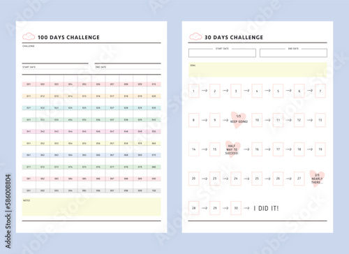 100 30days challenge cloud Planner. Minimalist planner template set. Vector illustration.
