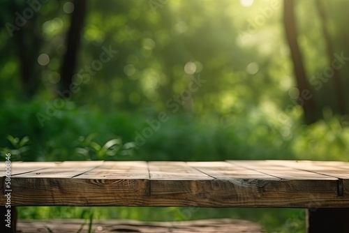 rustic wooden table surrounded by trees in a peaceful forest setting created with Generative AI technology