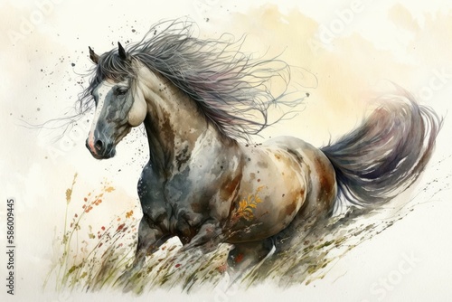 A graceful horse galloping through a meadow, with the wind blowing its mane and tail Generative AI