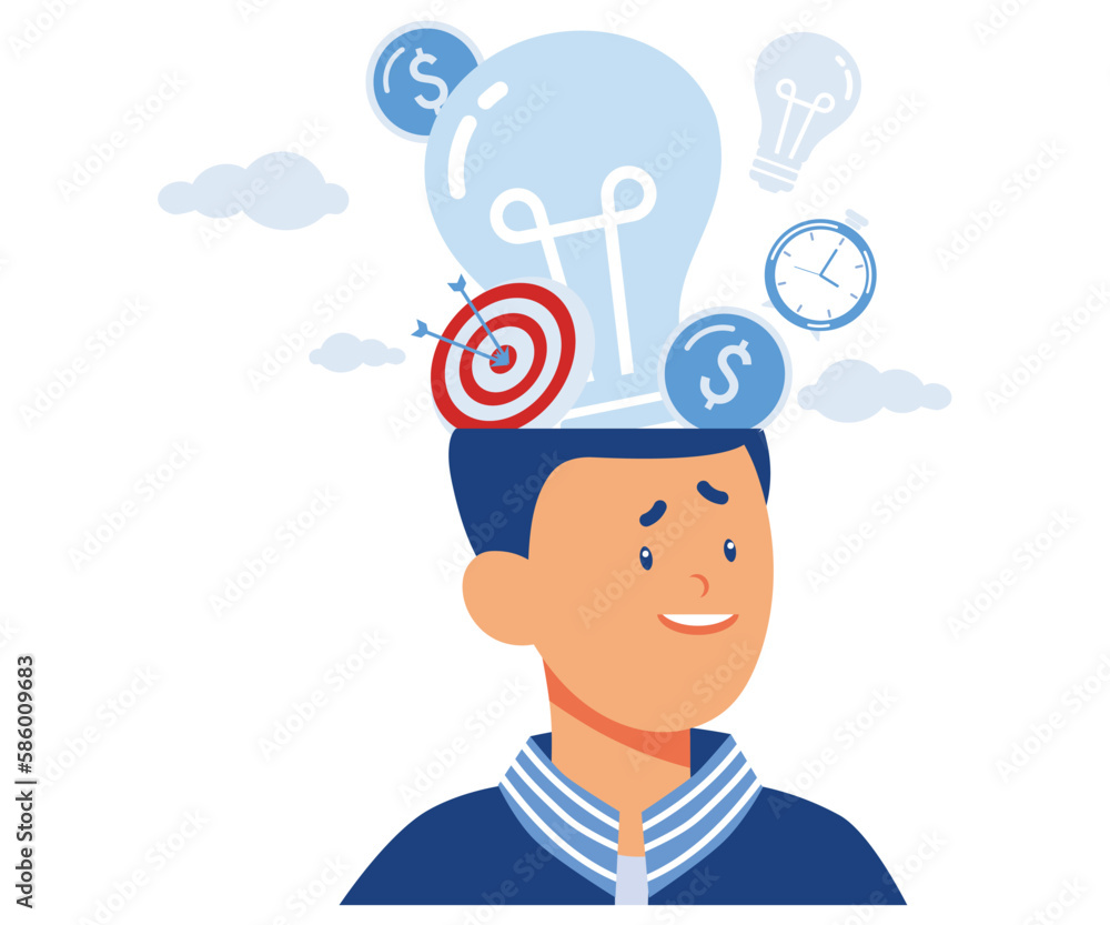 head idea light bulb creative thinking goal. brainstorming thought process, project team leader thinks out of the box to solve problems and find answers, flat vector modern illustration head idea light bulb creative thinking goal. brainstorming thought process, project team leader thinks out of the box to solve problems and find answers, flat vector modern illustration