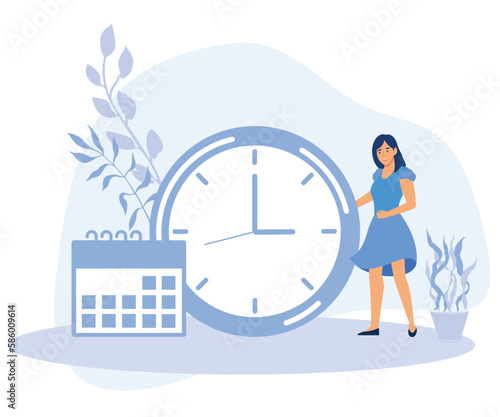 Young woman marks the date of her period in the online calendar. App for tracking menstrual cycle and ovulation, delayed menstruation, flat vector modern illustration