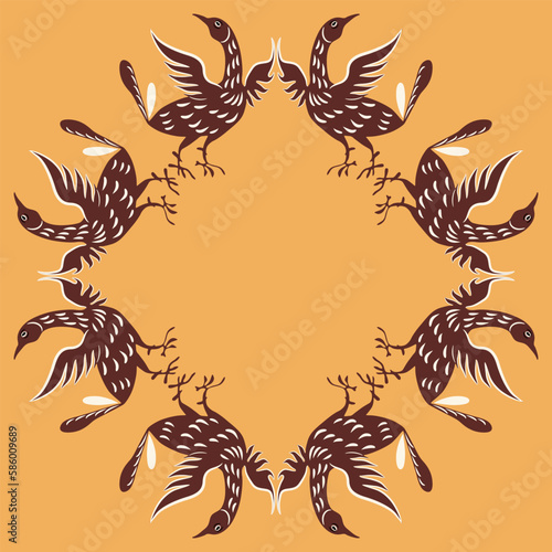 Geometrical ornament or animal frame with stylized birds. Traditional Russian folk motif. Brown silhouettes on yellow background.