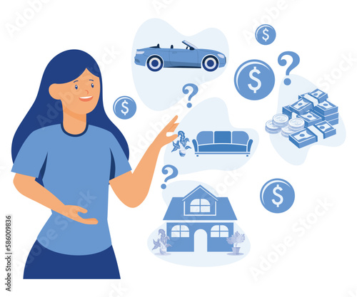 Person deciding how to spend money, planning purchases. Making choice, decision in finance concept. Woman choosing, thinking about expenses, flat vector modern illustration 