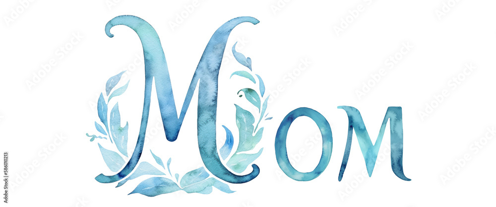 Mom elegant script written font, text, phrase, word in blue, aqua colors. Floral inscription mother's day concept, typography design. Isolated, transparent, png website banner Generative AI