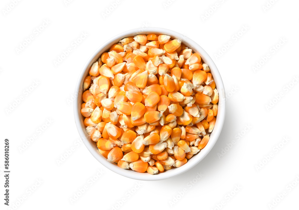 Top view of dried corn seeds in white bowl isolated on white background. Clipping path. Top view of dried corn seeds in white bowl isolated on white background. Clipping path.