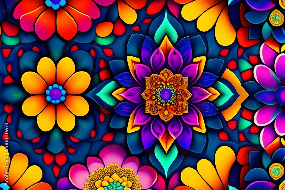Rendering of Patchwork Flowers Mirror Wallpaper. Generative AI. Rendering of Patchwork Flowers Mirror Wallpaper. Generative AI.