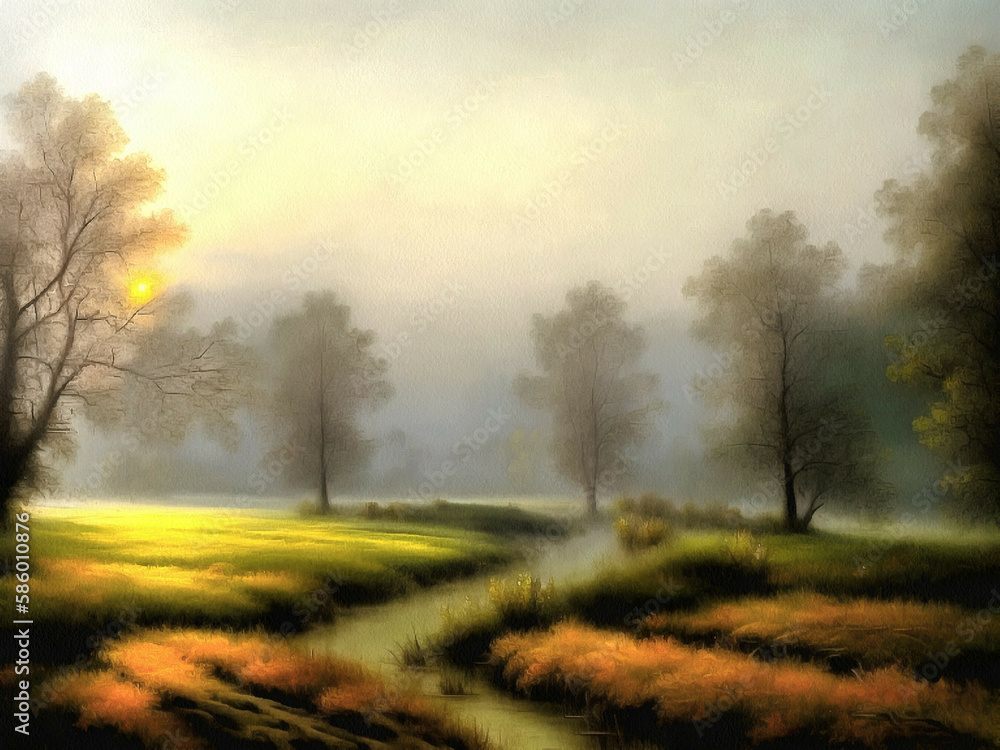 Naklejka premium Beautiful nature landscape painting on paper canvas. Generative AI