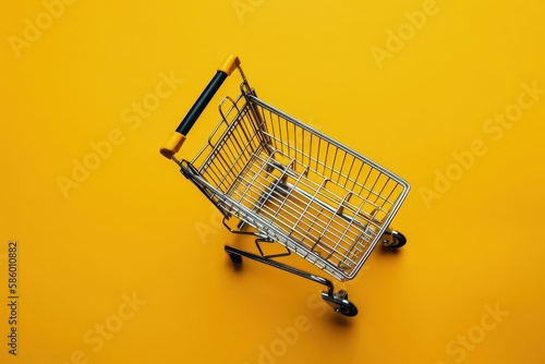 small shopping cart on a vibrant yellow background created with Generative AI technology