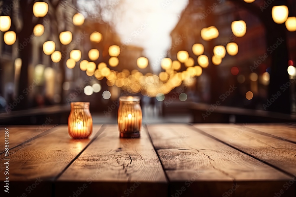 Illustration of two burning candles placed on a rustic wooden table created with Generative AI technology