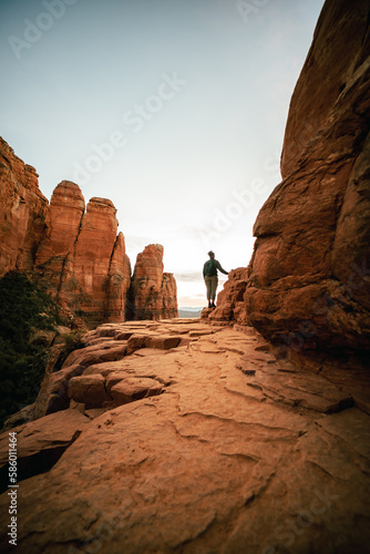 Vertical view of Cathedral Rock viewpoint at twilight in Sedona AZ