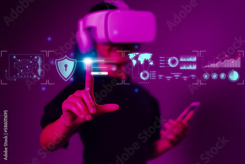 Woman wearing VR goggles. Metaverse technology virtual reality concept. Virtual Reality Devices, Simulation,  Innovation and Technology of the Future. photo