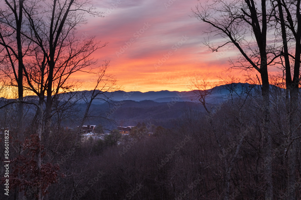 Fototapeta premium Cabins, Houses in Mountains at Sunset.