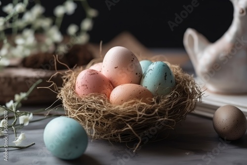 birds nest with eggs on a wooden table created with Generative AI technology