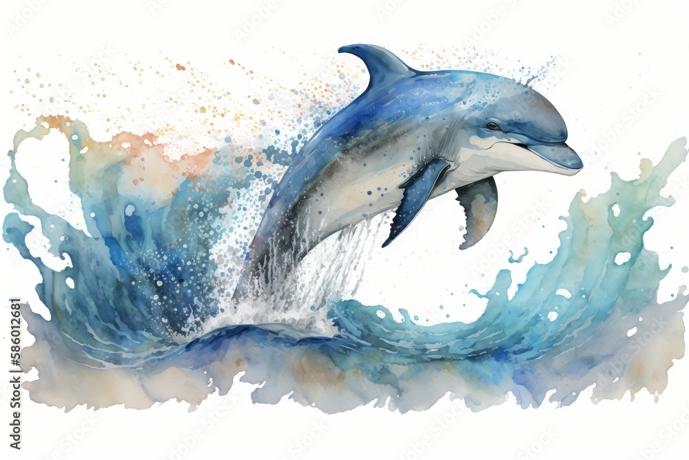 Fototapeta premium A playful dolphin leaping out of the ocean waves, painted with cool and calming blue watercolors Generative AI