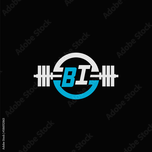 Initial letter BI logo for gym or fitness with dumbbell icon and circle line