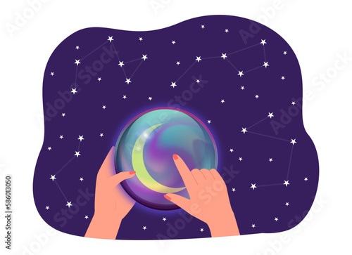 Hands of fortune teller holding crystal ball vector illustration. Cartoon drawing of fortuneteller predicting future, night sky with stars and constellations. Astrology, magic, mysticism concept